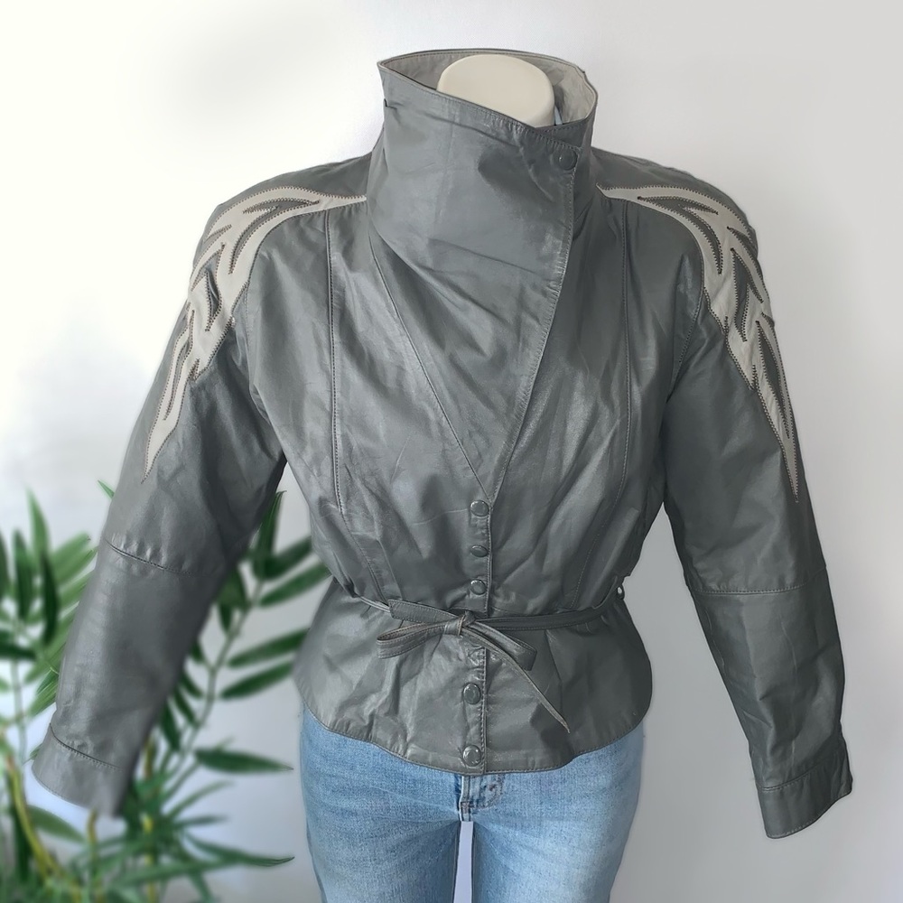 v i n t a g e :: Funnel Neck Leather Jacket Patchwork Phoenix